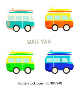 Color full Surfer van. Transportation and surfing, sport board, vector illustration. Set