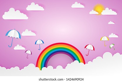 Color Full Umbrella with Cloud Paper Style art vector illustration