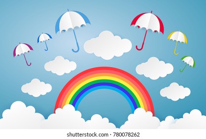 Color Full Umbrella with Cloud Paper Style art vector illustration