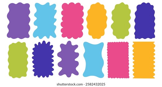 Color Funky Wavy Frame Set. Retro Border Scallop Shape Collection. Abstract Vector Isolated Clip Art