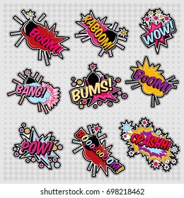 Color Funny cartoon superhero elements: crash,  boom, pow, wow, kaboom, bang, bums.