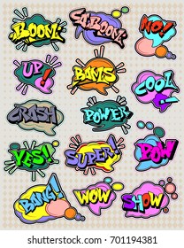 Cor Divertido desenhos animados super-heróis elementos: acidente,   bum, uau, barras, pow, legal, sim, não, para cima, show, poder, caboom.