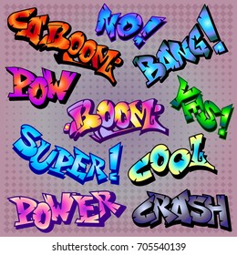 Color Funny cartoon superhero words:  crash, boom, bang, pow, cool, yes, no, power, caboom, super.