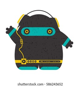 Color Funny characters with audio player listening music in headphones isolated on white . cartoon illustration with grunge shapes.