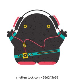 Color Funny characters with audio player listening music in headphones isolated on white . cartoon illustration with grunge shapes.