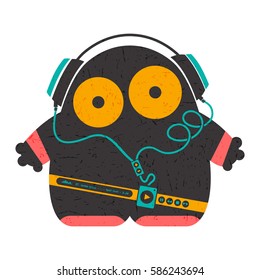 Color Funny characters with audio player listening music in headphones isolated on white . cartoon illustration with grunge shapes.