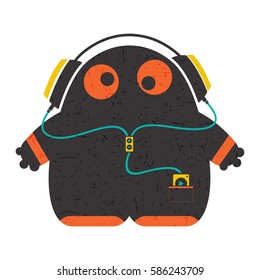 Color Funny characters with audio player listening music in headphones isolated on white . cartoon illustration with grunge shapes.