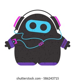 Personajes divertidos con reproductor de audio escuchando música en auriculares aislados en blanco. ilustración de dibujos animados con Formas grunge.