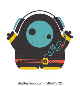 Color Funny characters with audio player listening music in headphones isolated on white . cartoon illustration with grunge shapes.