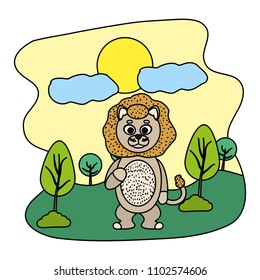 color funny lion cute animal in the landscape