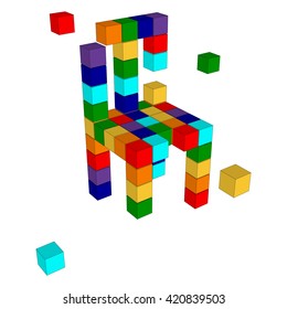 Color furniture 3d. Chair made of color cubes. Abstract chair in rainbow colors. Furniture logo. Office chairs arranged in a circle.