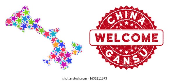 Color Gansu Province map mosaic of stars, and distress round red WELCOME stamp seal. Abstract territorial plan in bright color tinges. Vector Gansu Province map is designed from bright stars.