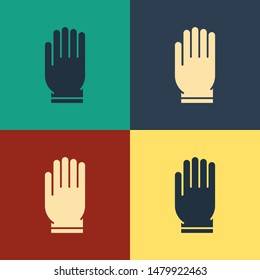 Color Garden gloves icon isolated on color background. Rubber gauntlets sign. Farming hand protection, gloves safety. Vintage style drawing. Vector Illustration