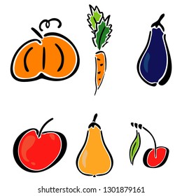 Color garden icon set - spikelet, pumpkin, pear, apple, cherry, carrot. Simplified retro illustration. Childish style garden art. Element design, wallpaper fabric printing wrapping paper