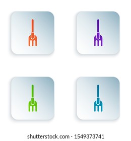 Color Garden rake icon isolated on white background. Tool for horticulture, agriculture, farming. Ground cultivator. Housekeeping equipment. Set icons in colorful square buttons. Vector Illustration
