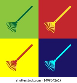 Color Garden rake for leaves icon isolated on color background. Tool for horticulture, agriculture, farming. Ground cultivator.  Vector Illustration