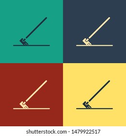 Color Garden rake in work icon isolated on color background. Tool for horticulture, agriculture, farming. Ground cultivator. Vintage style drawing. Vector Illustration