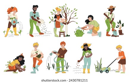 Color garden set, people gardening, vector illustrations of garden gear, gardening tools. Woman and man working in garden, spring outdoors activity, cute flat characters set.