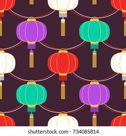 Color garland with Chinese lanterns circular shape. Vector seamless pattern can be used for greeting poster, party invitation, card, backdrop, cover, ad, sale promotion, print for cloth, wrapping