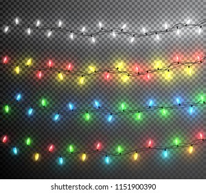 Color garland, festive decorations. Glowing christmas lights isolated on transparent background.