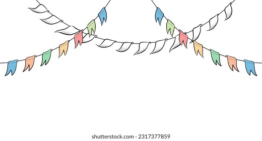Color garland of flags. Decor frame.  Holiday banner. Festive decoration. Illustration in doodle style on a white background.