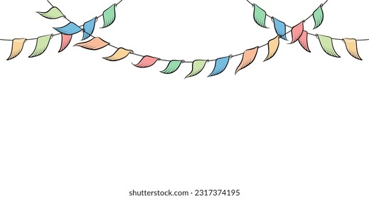 Color garland of flags. Festive decoration. Decor frame.  Holiday banner. Illustration in doodle style on a white background.