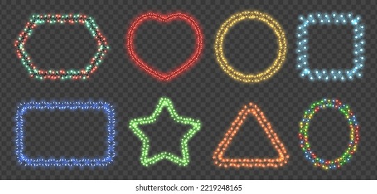 Color garland lights frames. Christmas holiday lights border, decorative framing with glowing lamps vector background set of garland illuminated illustration