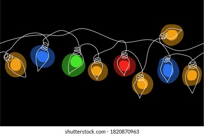Color garland string, festoon. Glowing christmas lights, festive decorations on black background. Vector seamless horizontal border pattern.