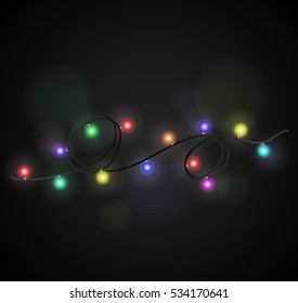 color garlands, festive decorations. Glowing christmas lights isolated on transparent background.