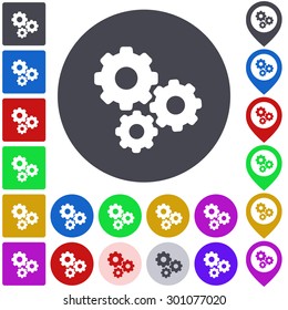 Color gear icon, button, symbol set. Square, circle and pin versions.
