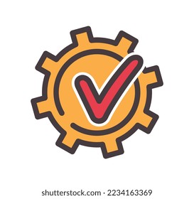 Color gear with tick icon. Metaphor for organizing efficient workflow. Sticker for social networks and messengers. Confirmation and approval. Poster or banner. Cartoon flat vector illustration