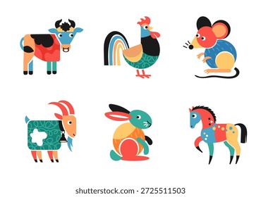 Farbe geometrische Tiere. Dekorative flache Fauna Zeichen, einfache Formen, Huhn, bunte stilisierte Pferd und Kuh, helle Pop-Art-Stil, Logo-Design, herrliche Vektor-Cartoon flach einzeln Set