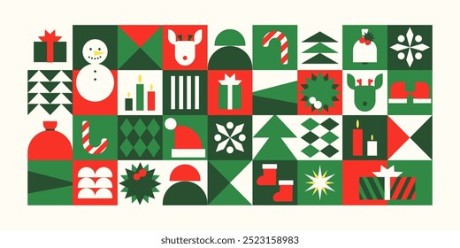 Fondo de patrón de año Nuevo de Navidades geométricas de color. Formas de vacaciones de invierno. Ilustración vectorial, icono