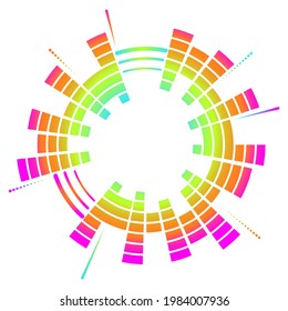 Farbgeometrischer kreisförmiger Neonäqualizer. Eq runden Audio-Schallwellen. Vektorgrafik einzeln auf weißem Hintergrund.