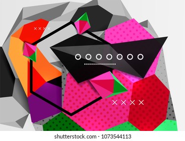 Color geometric composition poster. Vector illustration of colorful triangles, pyramids, hexagons and other shapes on grey background