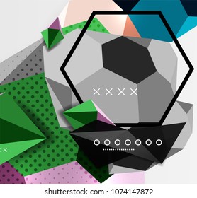 Color geometric composition poster. Vector illustration of colorful triangles, pyramids, hexagons and other shapes on grey background