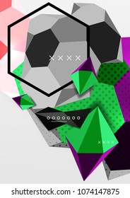 Color geometric composition poster. Vector illustration of colorful triangles, pyramids, hexagons and other shapes on grey background