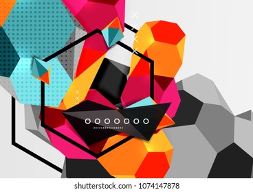 Color geometric composition poster. Vector illustration of colorful triangles, pyramids, hexagons and other shapes on grey background