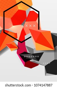 Color geometric composition poster. Vector illustration of colorful triangles, pyramids, hexagons and other shapes on grey background