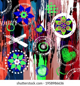 Color geometric pattern background, retro, vintage style, with circles, stripes, flowers, strokes and splashes. Vector illustration