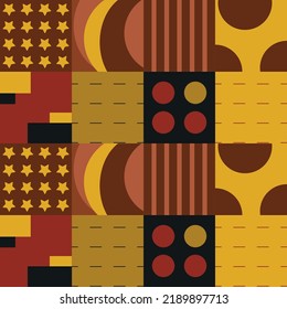 color geometric pattern in dark shades, consisting of circles, stripes, dotted lines, rectangles and asterisks