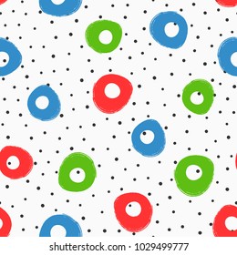 Color geometric seamless pattern. Circles drawn by hand and polka dot. Grunge, sketch, watercolour, paint. Modern vector illustration.