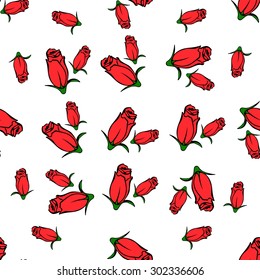 Color geometric seamless pattern with flowers rose, hand draw. Red, white