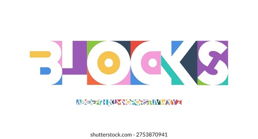 Color Geometric Shape Font Logo Alphabet Letter Set Blocks Typography, Bright Colorful Creative Typographic Design, Trendy Innovate Title Text Headline Logotype. Block Cutout Fonts. Vector Typeface