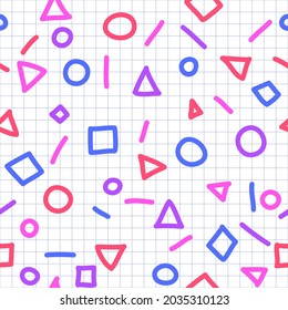 color geometric shapes on graph paper. vector seamless pattern. math baby repetitive background. fabric swatch. continuous print. design element for home decor, apparel, article. back to school