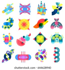 Color geometric shapes set of sixteen isolated memphis style colorful ornate images and abstract artwork elements vector illustration