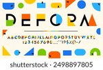 Color geometry font, modern art type letters and numbers with rainbow color geometric shapes and figures, vector typography. English abc characters abstract font in frame of colorful geometry pattern