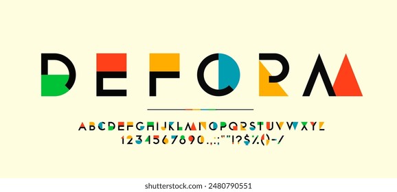 Color geometry font, modern art type, creative english alphabet typeface vector typography set. Rainbow geometric shapes abc with abstract letters and numbers of colorful triangles, squares, circles