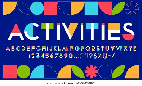 Color geometry font or modern art type of simple minimal typeface letters, vector English alphabet. Abstract geometric font of modern colors and figure shapes for trendy art ABC typeface