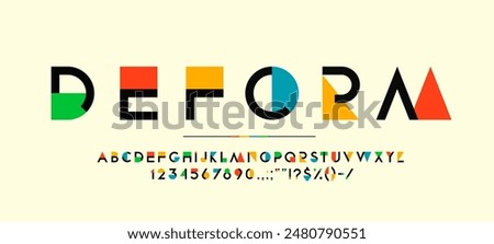 Color geometry font, modern art type, creative english alphabet typeface vector typography set. Rainbow geometric shapes abc with abstract letters and numbers of colorful triangles, squares, circles